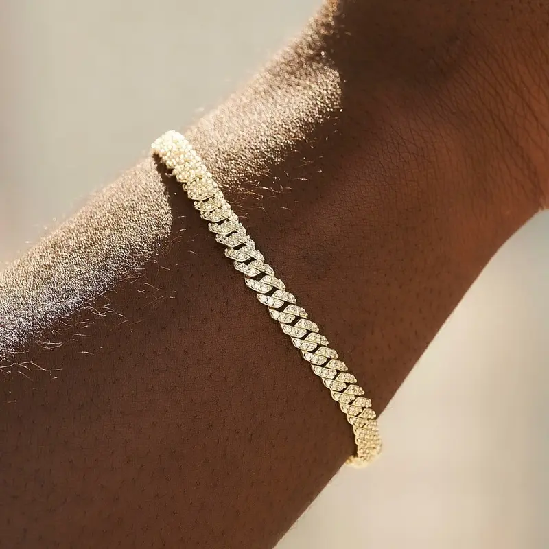 GLD Micro Diamond Prong Cuban Bracelet 18k Yellow Gold Plated - 6mm Width, Iced Out CZ Stones, Versatile Jewelry for Any Outfit - Perfect Gift