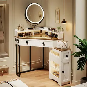 Miu Corner Vanity with Mirror and Lights, with Charging Station, Glass Top Vanity Table with Drawers and Shelves Makeup