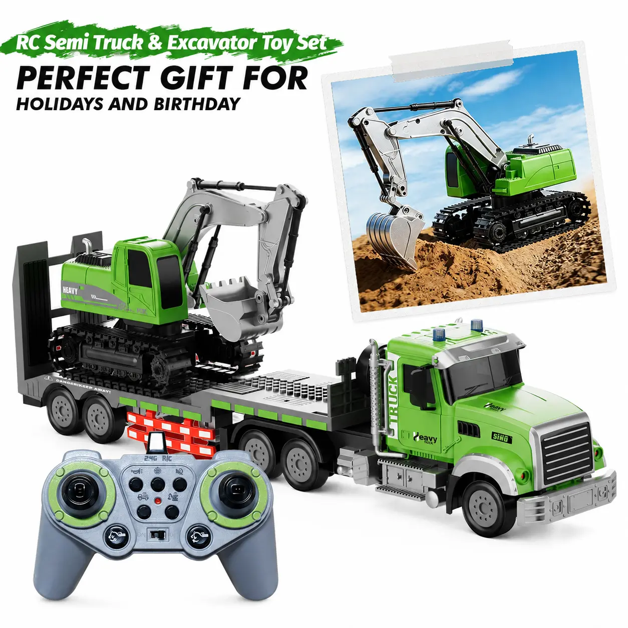 RC Semi Truck & Excavator Toy Set, 1:12 Removable and Rechargeable Remote Control Flatbed Trailer Truck with Lights & Sound, 2.4GHz RC Construction Vehicles for Kids,Surprise Gift, Parent-Child Interaction