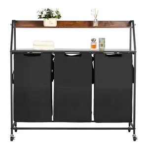 VEVOR 2-Tier Laundry Bin Sorter, Tall Carbon Steel Frame Laundry Hamper with Wooden Tabletop, 3-Section Rolling Baskets, Ladder Shelves & Waterproof 600D Oxford Cloth Dirty Clothes Bags