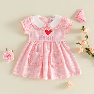 Little Toddler Girl Plaid Dress Heart Letter Embroidered Short Sleeve Doll Collar A-line Gingham Dresses for Summer Spring