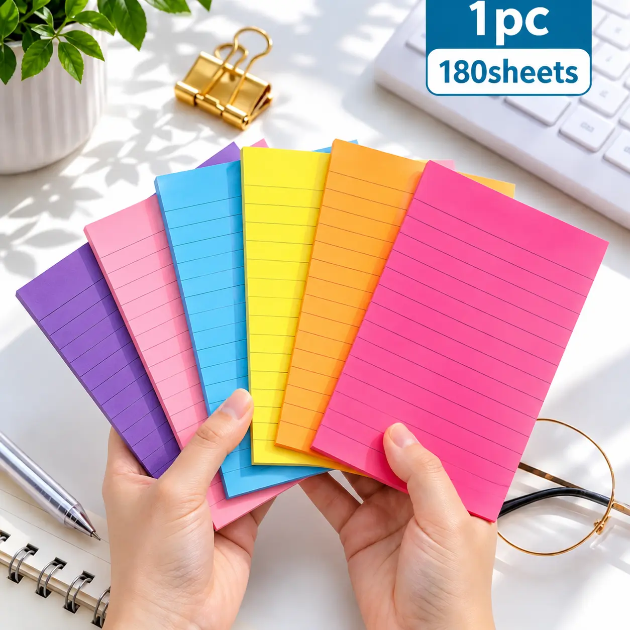 [Free Gift With Purchase] 2 Pads Aesthetic Lined Sticky Notes (1 Large + 1 Small Combo, 100 Sheets Total) Colorful Memo Pads