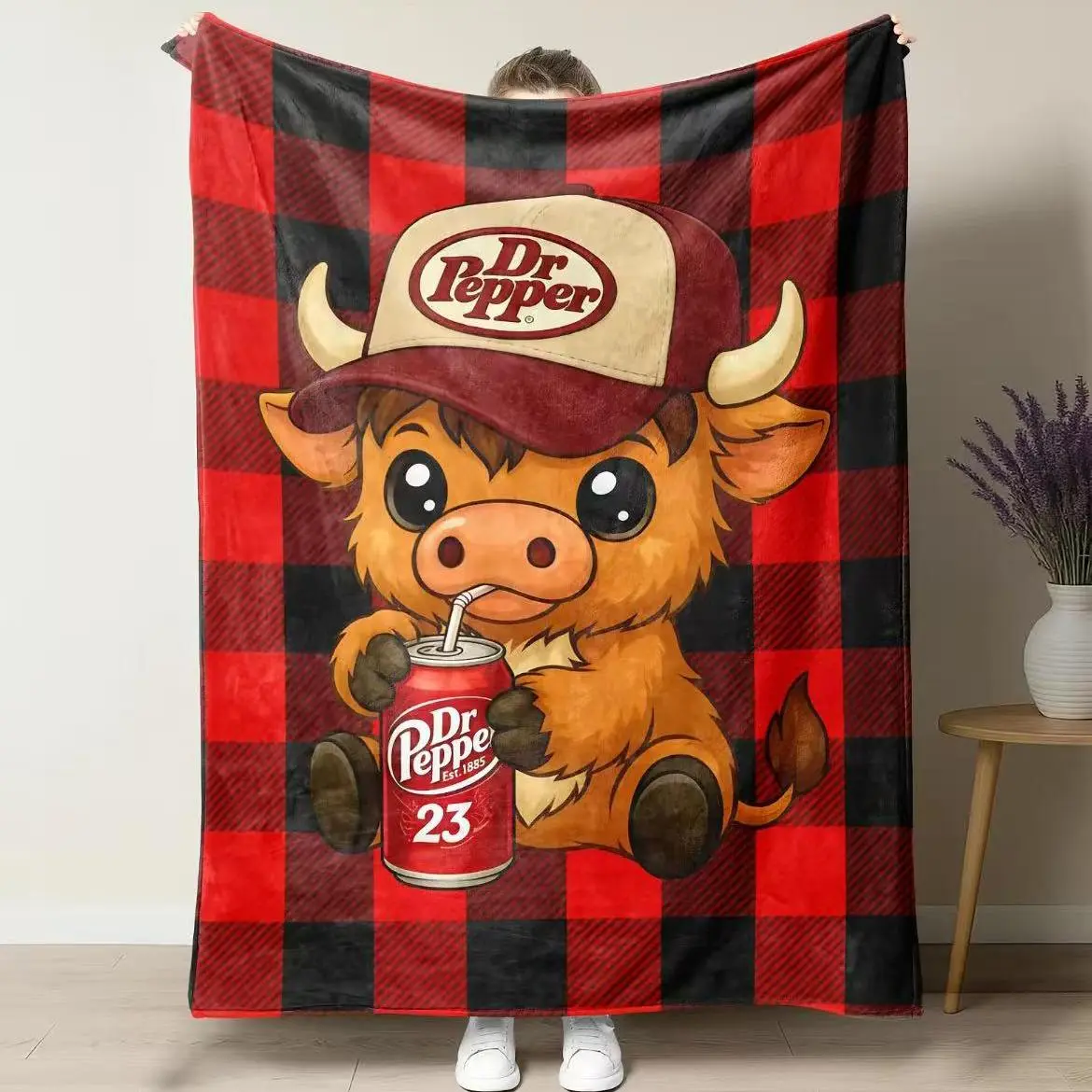 Highland Cow Wear a Hat Cute Pattern Dr Pepper Flannel Blanket,Red and Back Checkered Blanket 1 Count Soft Warming Bedding Blanket Comfy Lightweight Bedding