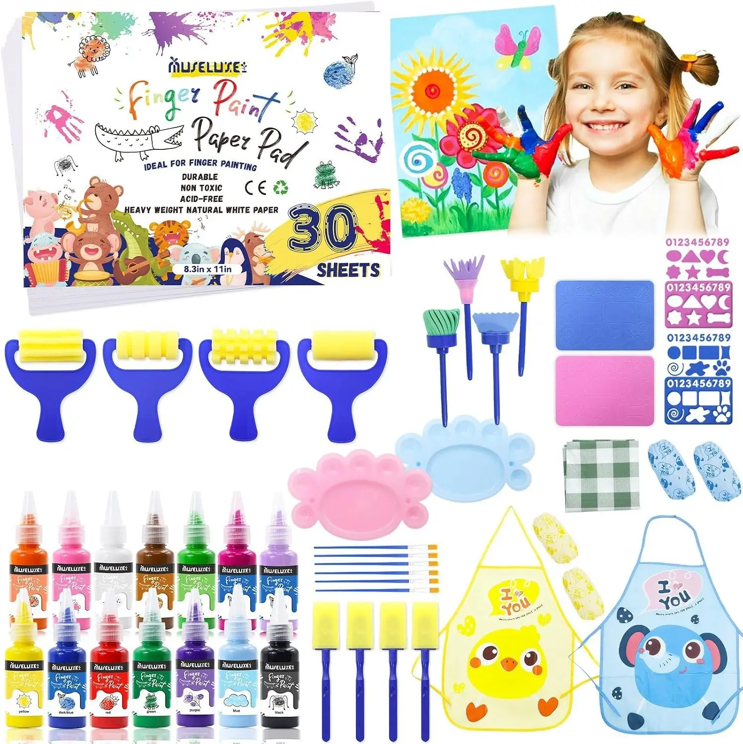 88 PCS Washable Finger Paint Set for Toddlers, 14 Colors | Finger Paint Paper, Brushes, Rolling Tools, Cute EVA Templates, Aprons & Palette, Non-Toxic Toddler Painting Set