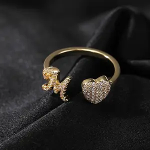 [ICE HUE] Unisex 18K Gold Vacuum Plated Copper Ring with 5A+ Sri Lanka Zircon, Dazzling Heart Letter A-Z Design, Miami-Italy-Mexico & Micro Inspired, Luxury Costume Jewelry for Daily Wear, Gift Idea, Unisex Jewelry