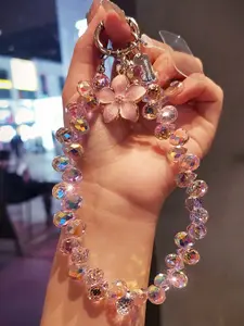 Flower Crystal Pendant Keychain, Indie High-End Beaded Phone Strap Bracelet, Short Stylish Wrist Phone Lanyard for Outdoor Travel, Phone Charms, Phone Accessory, Phone Chains
