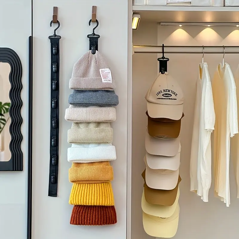 Hat organizer with 8 clips, can hold 8 baseball caps, gray and black color, suitable for home and closet use, Wall Mount Design, Hat Organizer Installation. Ideal for organizing hats in a household setting or hanging them in a wardrobe, Wall Mounted Hook
