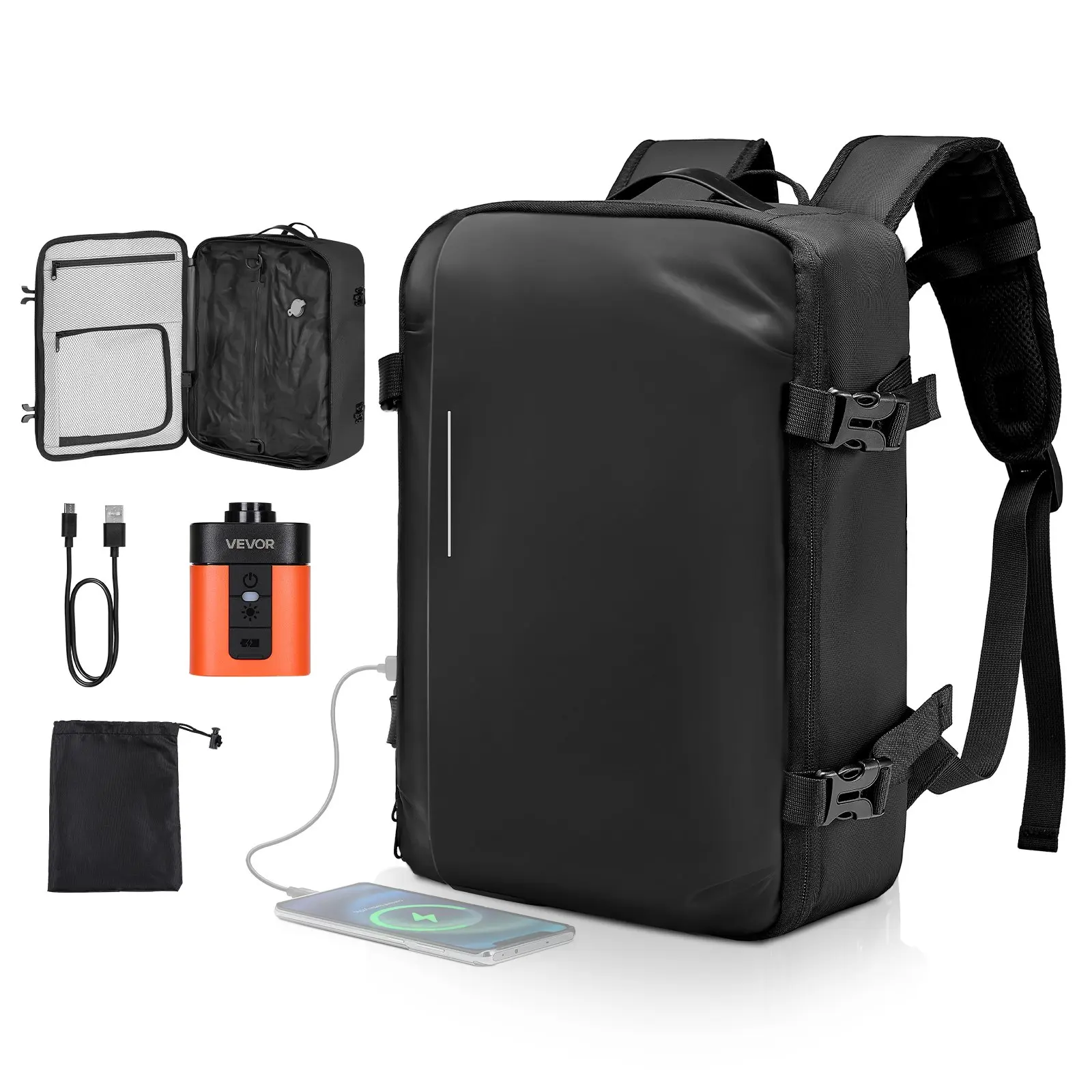 VEVOR 35L Vacuum Seal Compression Vacuum Travel Backpack with Air Pump, USB Port, Multiple Pockets, Compartments, Anti-Theft Pocket, Whistle Buckle, Water Resistant Bookbag, Unisex Adult Carry-On Travel Pack