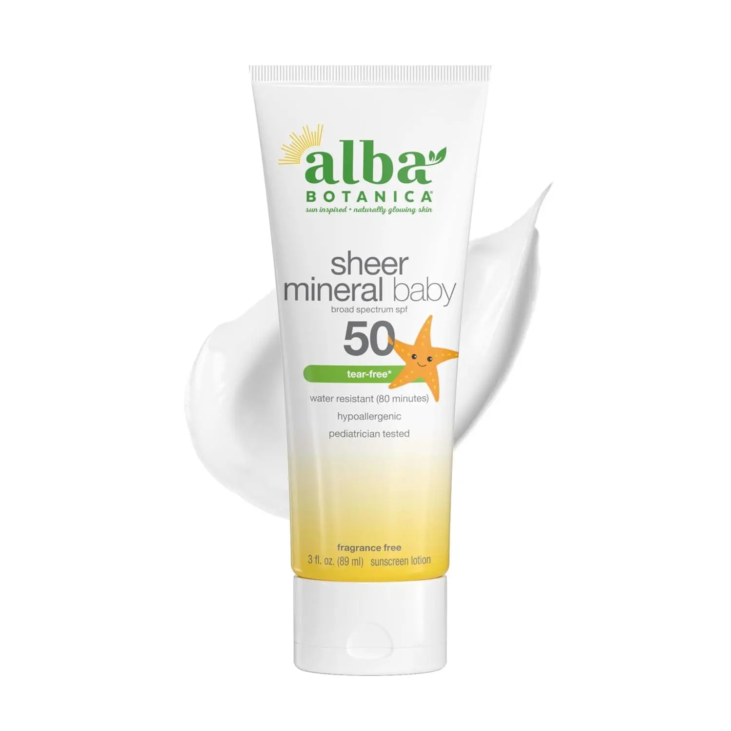 Alba Botanica Baby Sunscreen for Face and Body, Sheer Mineral Sunscreen Lotion, Broad Spectrum SPF 50, Water Resistant and Fragrance-Free, 3 Fl Oz (Packaging May Vary)
