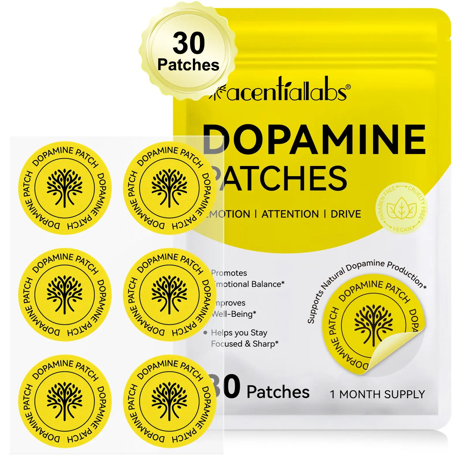 Acentiallabs Dopamine Patches 30pcs, Dopamine Support, Cotton Material, Gentle, Stick Type, No Ca Prop 65, Single Unit Count, Ideal for Daily Use