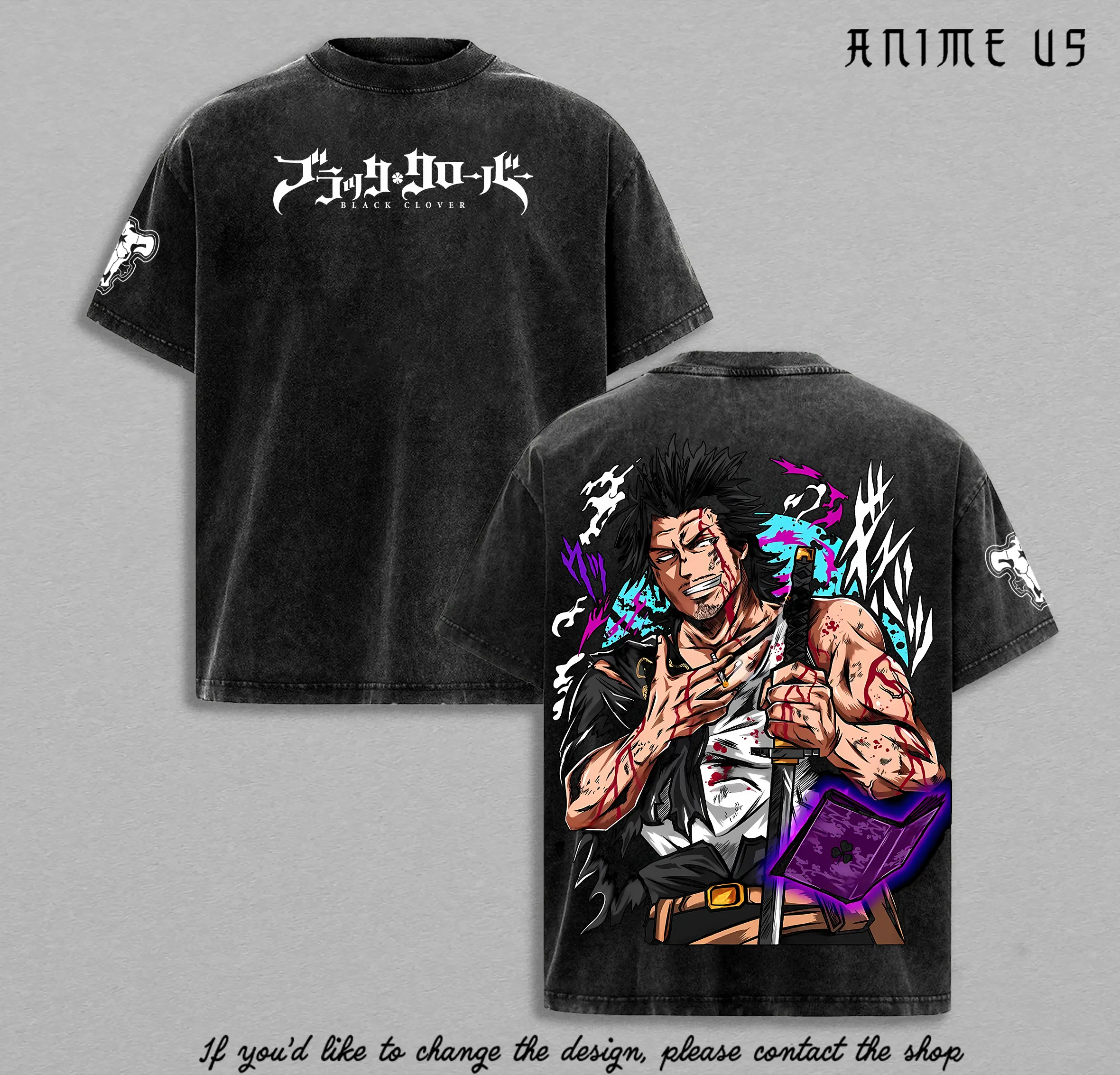Yami Sukehiro Black Clover Vintage Washed T-Shirt, Black Bulls Captain Dark Magic Oversized Anime Streetwear Tee, Heavy Cotton Battle Graphic Top Clothes Menswear