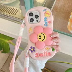 Cute Horizontal Stand Flower-Patterned Phone Case Accessories For iPhone 17 16 15 14 13 Pro Max and Plus – Silicone Shock-Absorbing Protective Case with Short Wrist Strap Cover Smartphone Cover