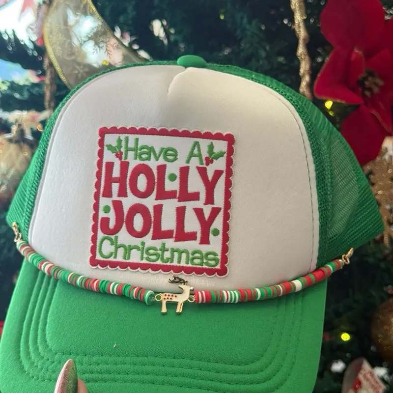 Holly Jolly Trucker Hat with cute reindeer hat chain