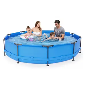 【Summervibes】SummerVibes 10ft x 30in Metal Frame Above Ground Swimming Pool, Outdoor Backyard Famliy Pool Set with Puncture-Resistant Fabric, Drainage Valve Connector for Kids & Adults (10' x 30", Round, Blue)