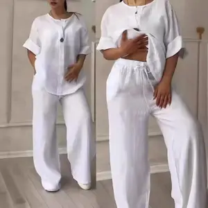 2025 Fashion European and American Women's Comfortable Loose Top Wide-Leg Pants Casual Cotton Linen Set