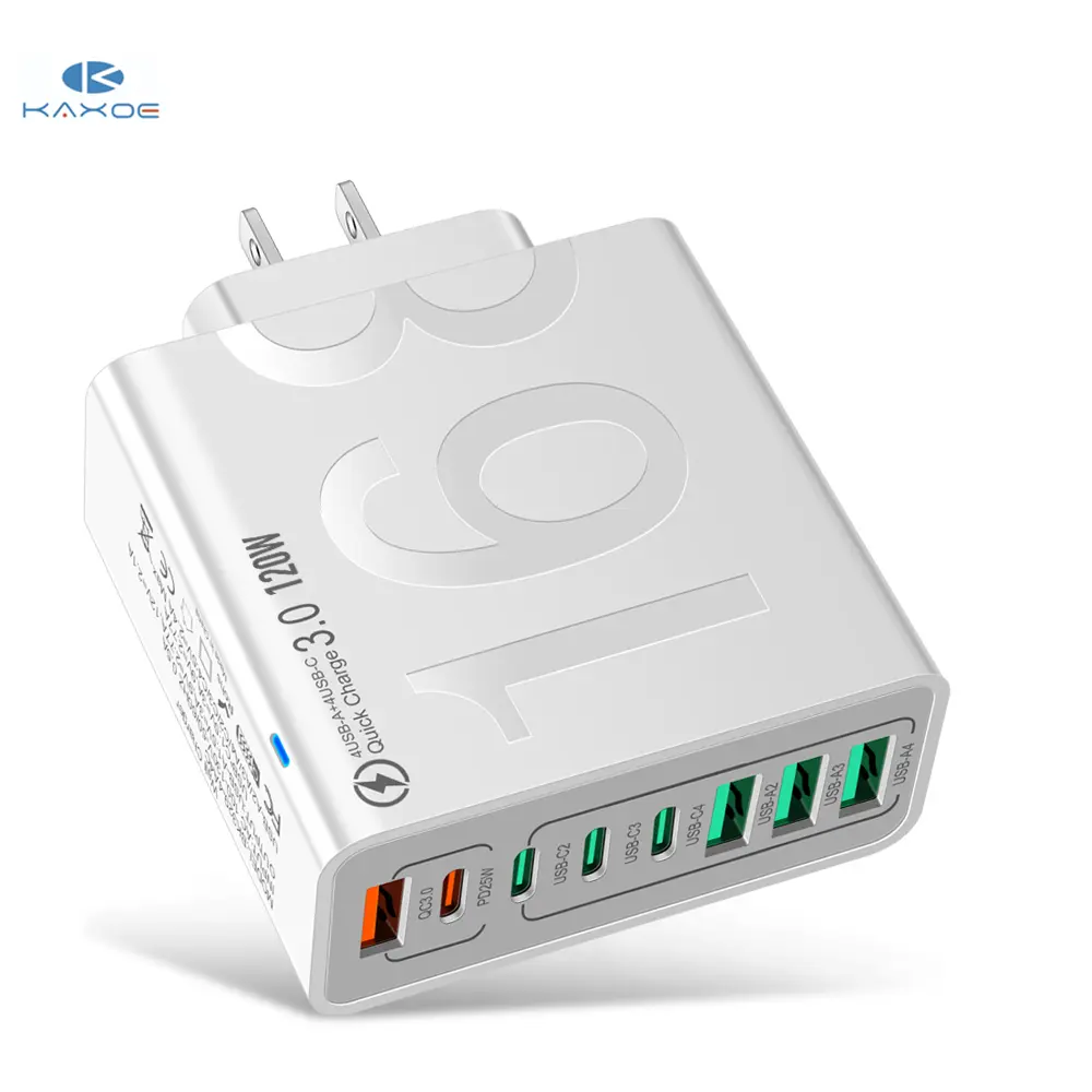 KAXOE  8 in 1 Portable Fast Charger 4 USB C + 4 USB Ports Adapter  Fast Charging Phone Charger for iPhone 17 / 16/15/14/13/12Pro Max/iPad/Airpods/ for Samsung Series Phone Accessories