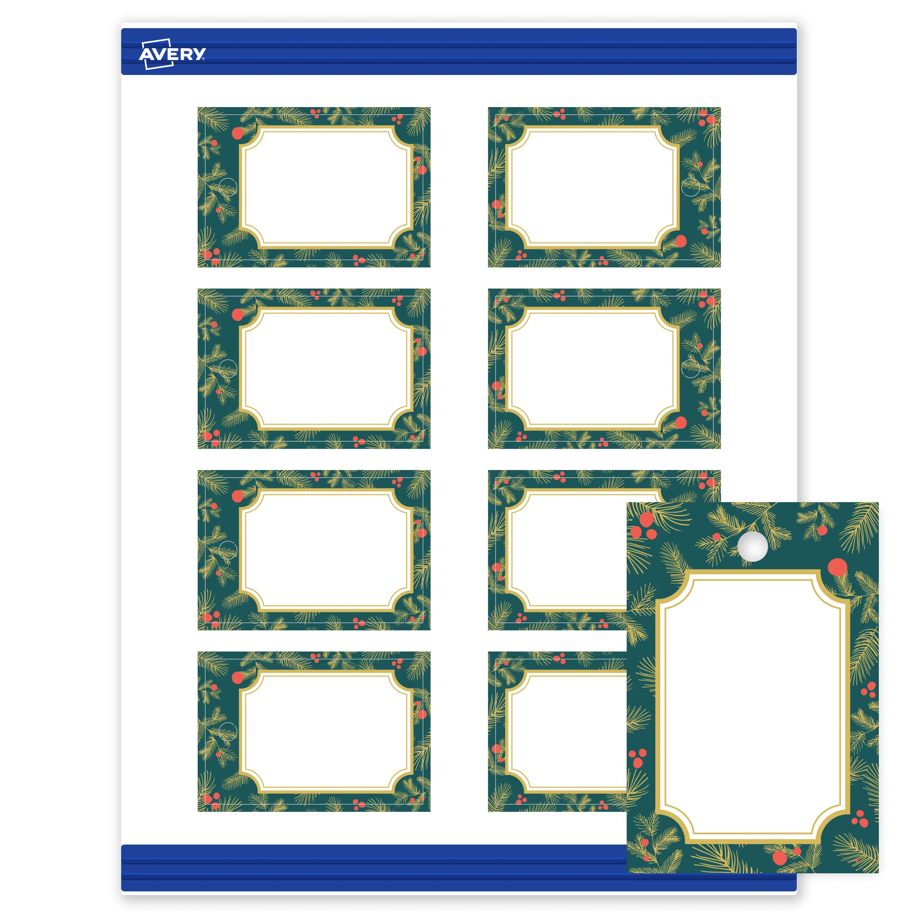 Avery® Printable Christmas Rectangle Tags, 2" x 3", Matte White, Pre-printed Teal & Metallic Gold Frame Design, Sure Feed® Technology, Laser & Inkjet Compatible, 160 Total
