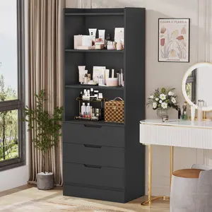 The 73 Inch Bookshelf with Drawers Tall Bookcase with 3 Drawers and 3 Open Shelves Wood Bookshelf with Anti-Tipping Kits
