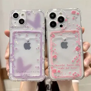 This butterfly and flower themed card holder phone case features a back for displaying cards and photos, is compatible with iPhone 17 Pro Max Plus Air/16/15/14/13/12/11, has a beautiful design, and is made of TPU material for shock and drop resistance.