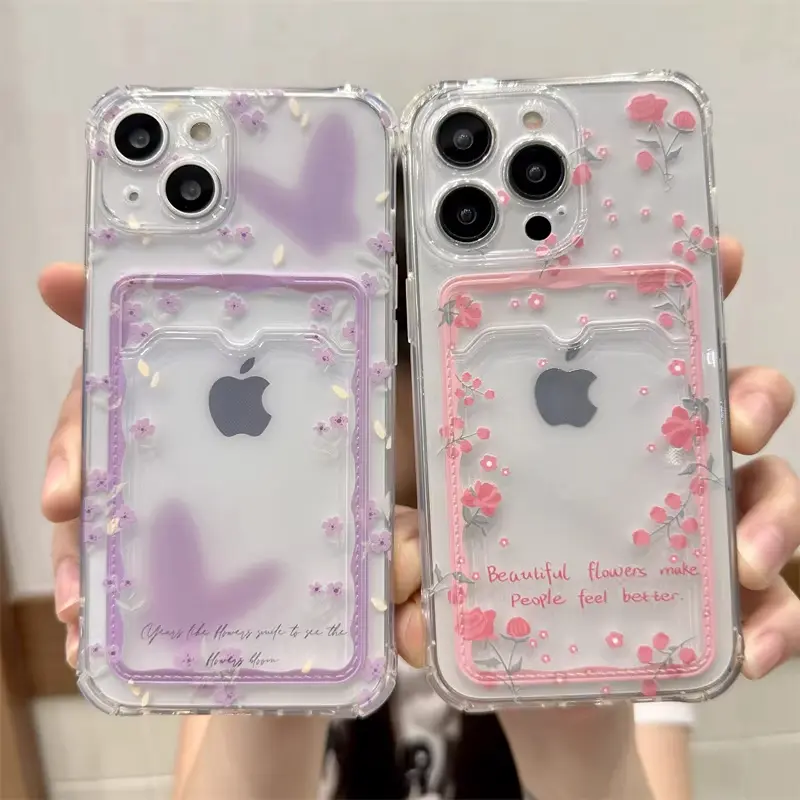 Butterfly & Flower Smartphone Card Holder Case - TPU Drop Resistant Shockproof Cover, Back Card/Photo Display, Compatible with iPhone 17 Pro Max/16/15/14/13/12/11