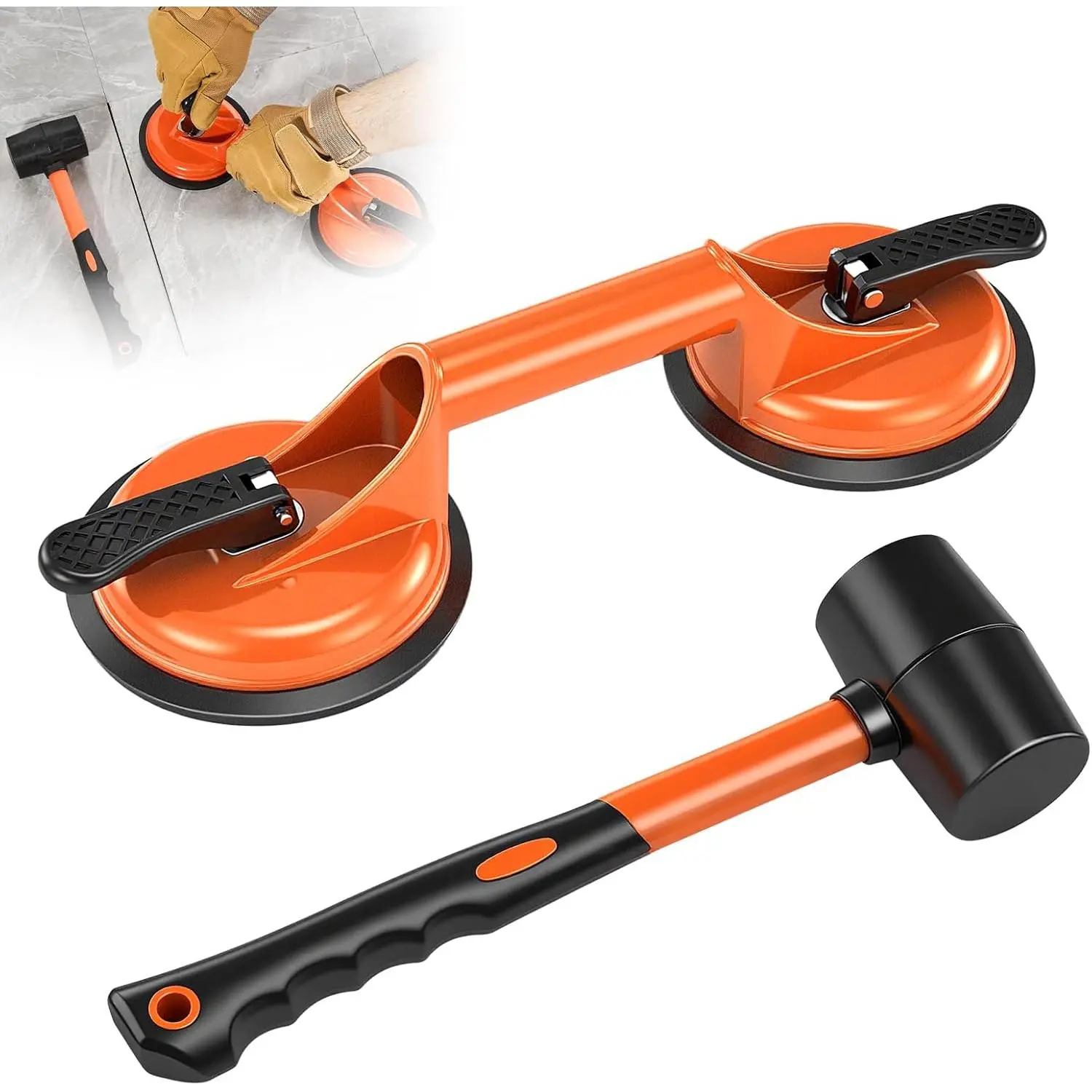 Floor Gap Repair Tool, Suction Cup Lifter with Rubber Hammer, Floor Gap Repair Kit, Suitable for Suspended Wood Floors and Mobile Glass (Orange)