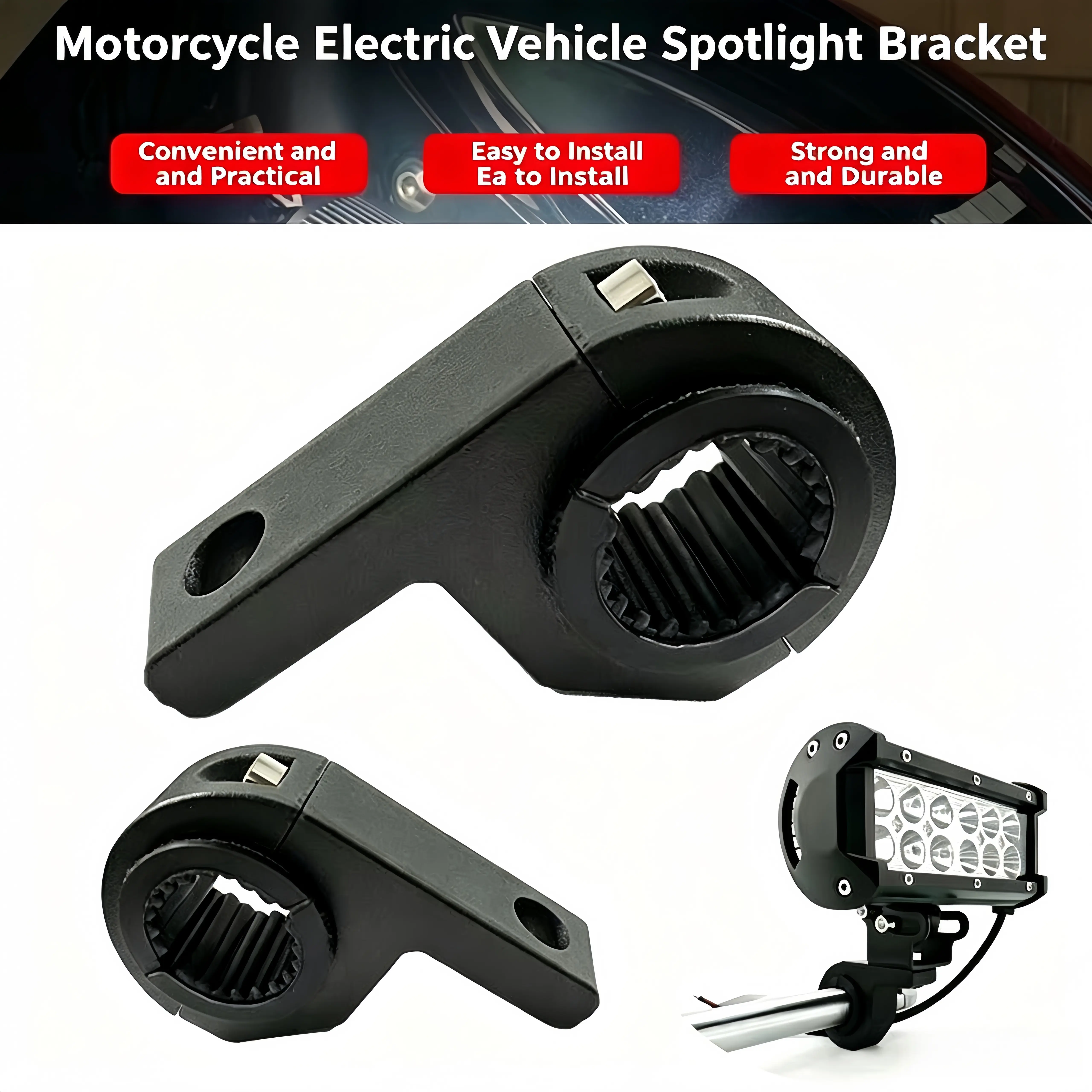 Heavy-Duty Universal Motorcycle LED Spotlight Crash Bar Clamp Brackets - Light Mounting, Bracket Mount, Anti-Scratch Thermoplastic Rubber Pads, Anti-Scratch Grip, Secure Hold for ADV/Night Rod Motorbikes with Adjustable Hood