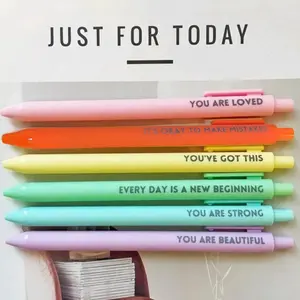 Plastic Rubberized Grip - 6-Pack Motivational Rollerball Pens - Inspirational Quotes - Retractable Medium Point - Black Ink - Ambidextrous - with Pocket Clip - Positive Message Writing Pens for Journaling