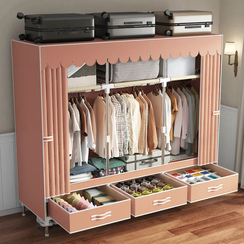 LEAIJIAFY Sturdy Home Bedroom Simple Wardrobe Durable Thickened Steel Tube 3 Drawers 3 Hanging Rods 3 Shelves Pink Color Elegant Storage Solution metal garment rack Portable Magnetic Wardrobe Closet Organizer Portable Large Closet Organizer Freestanding W