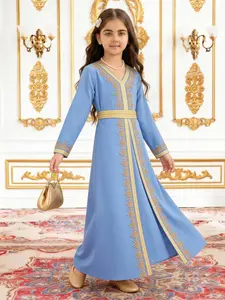 Muslim Girls Islamic Blue Long Sleeve Robe Embroidered Dress, Elegant Loose Fit 6-12 Years, Perfect for Ramadan, Eid, Praying, Daily Wear