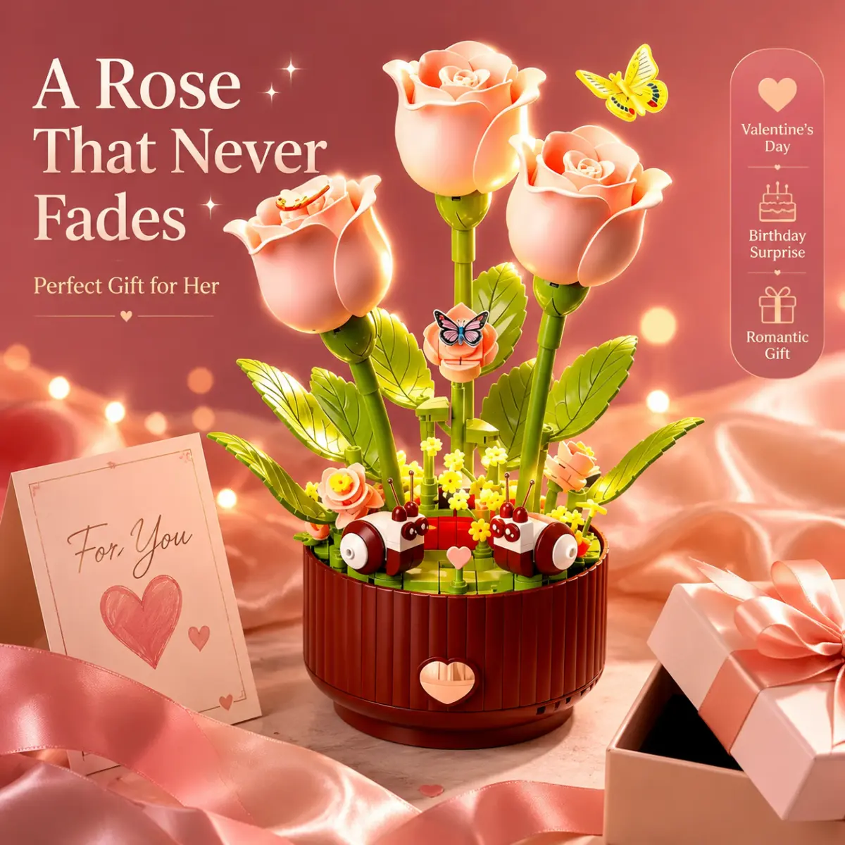 334-Piece DIY Magical Blooming Rose Building Set - Battery-Powered Moving Petals, Interactive Sound, LED Light, Magic Spray Bottle, Dual Motion Modes, Romantic Ambient Art Piece, Unique Gift for Loved Ones (Toys & Hobbies Building Kit), Diy Model Kit, Gir