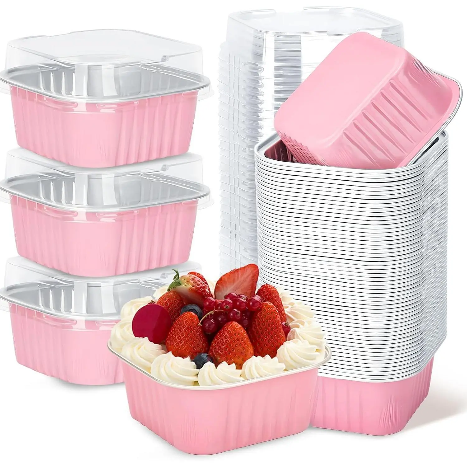 30-Pack 5oz Square Shape Pink Aluminum Mold Disposable Baking Cups with Lids & Secure Seal, 2.7x2.7in Individual Bakeware, Plastic Kitchen Supplies for Parties, Girly Kitchenware, Individual Cups Keep Portions Tidy