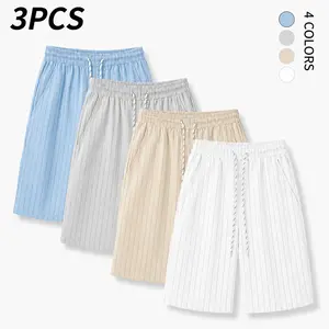 3-pack summer striped shorts: durable, wear-resistant, retains shape/color, no pilling. Lightweight, stretchy, breathable. Men’s drawstring waist shorts for sports, casual wear, everyday use, vacations, and beachwear.