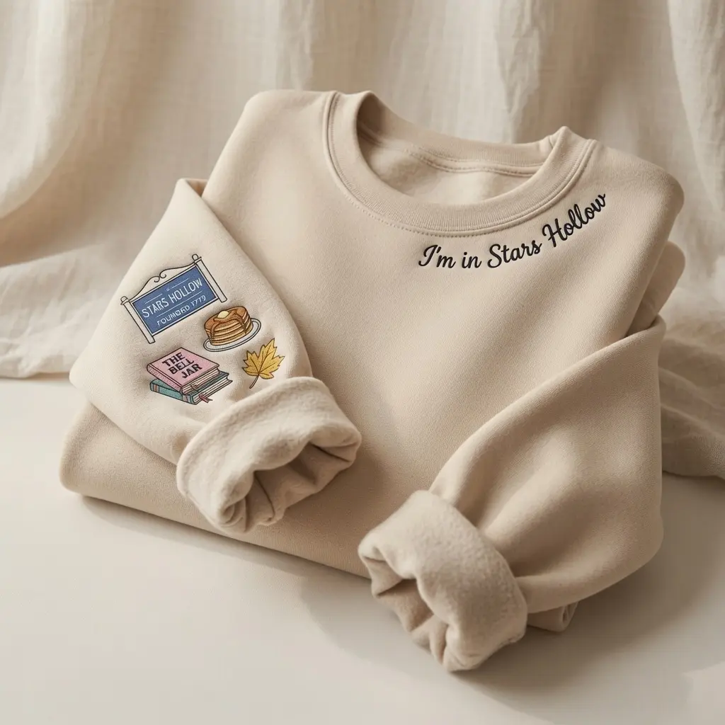 Stars Hollow Embroidered Shirt, Gilmore Girls Fall Crewneck, Cozy Autumn Top, Sleeve Embroidery Sweater