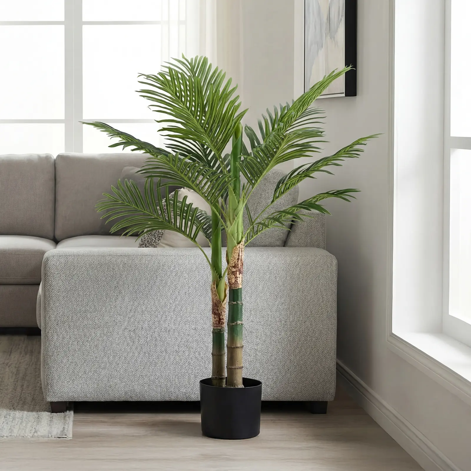 Artificial Palm Tree, Faux Areca Palm Plant with Lifelike Leaves & Real‑Touch Trunks, Potted Fake Tropical Palm Tree for Living Room Bedroom Office Home Decor