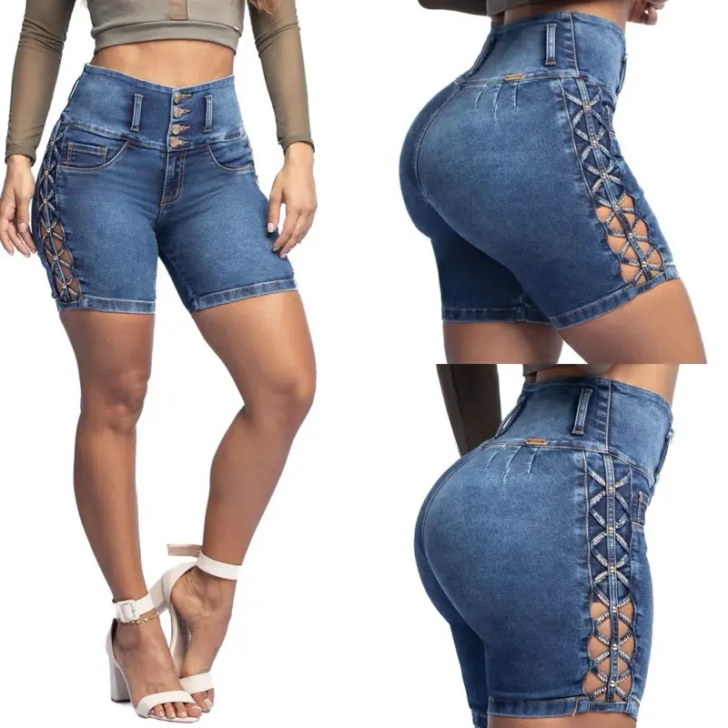 Women's Colombian Fitted High-Waist Tummy Control Stretch Denim Bermuda Shorts - Lace Up, Rhinestone Accent, Elegant, Everyday & Party Use, Curve-Hugging Butt-Lifting Bottoms