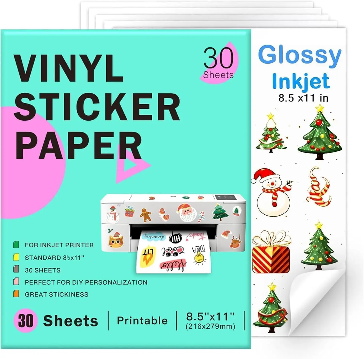 Printable Vinyl Sticker Paper 8.5 x 11", Glossy White, 30 Sheets | Inkjet Printable, Vivid Colors, Dries Quickly, Waterproof, Anti-Curl Design, Compatible With Cricut, DIY Self-Adhesive Vinyl
