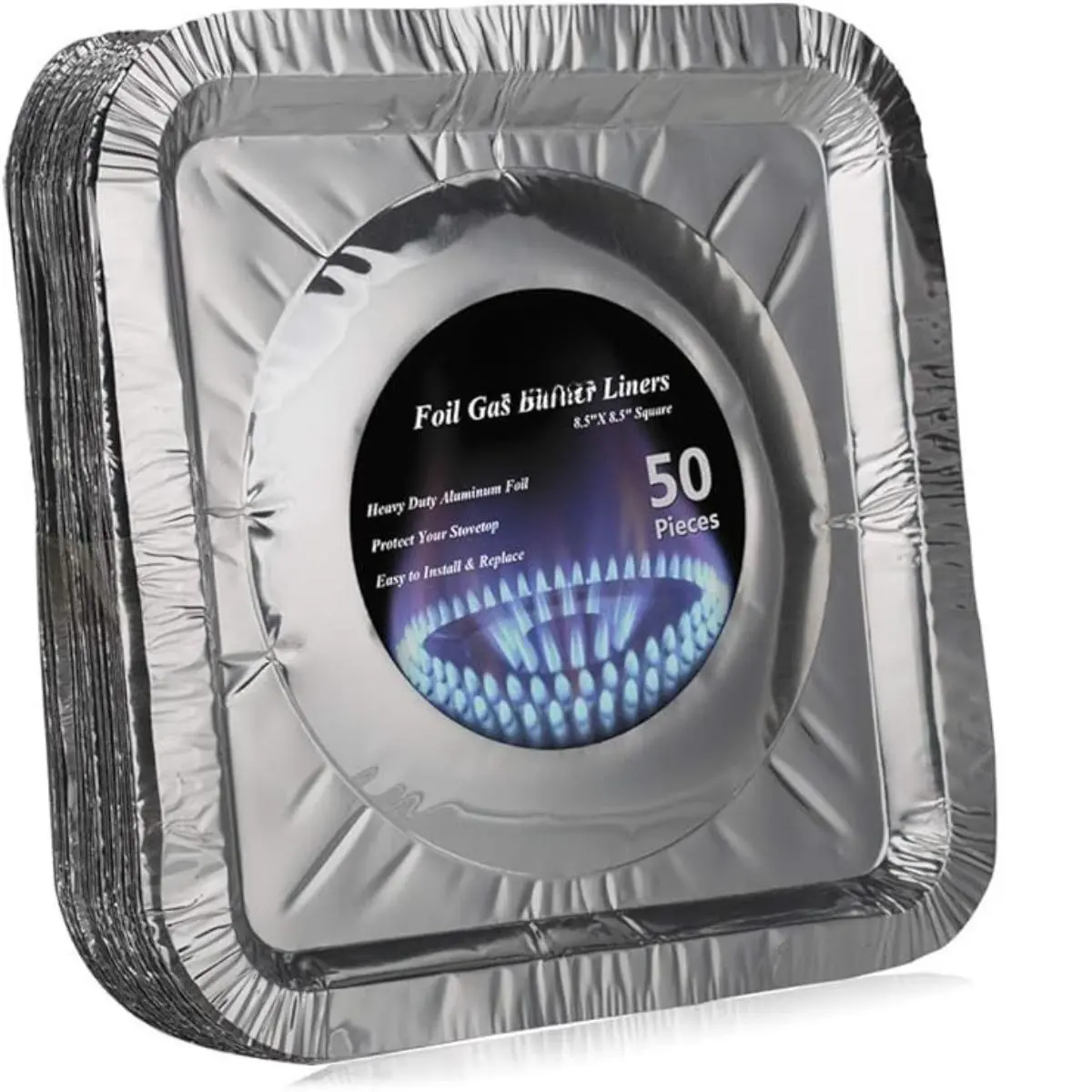 50 Pack Aluminum Foil Square Stove Burner Covers Disposable Heavy Thick Quality Bib Liners Drip Pans Gas Range Top Protectors 8.5”