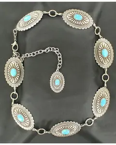 Vintage Western Concho Statement Belt with Turquoise Stone Accents & Floral Medallions Boho Style Zinc Alloy Chain