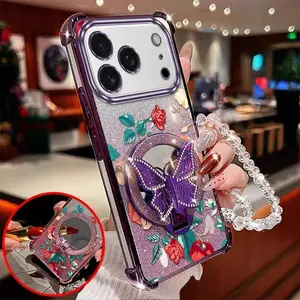 1 Piece Elegant red rose with Butterfly stand beads lanyard Pattern Stylish Suitable For iPhone 17 Pro Max Case With Comfortable feel Finish Featuring Lightweight For Entertainment Phone Cases