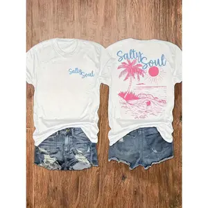 Salty Coconut Tree Pattern Casual Cool-Shirt- Women'S Short Sleeve Casual Running Fitness Top, Double-Sided Print Crew Neck, Suitable Summer and Spring Clothing