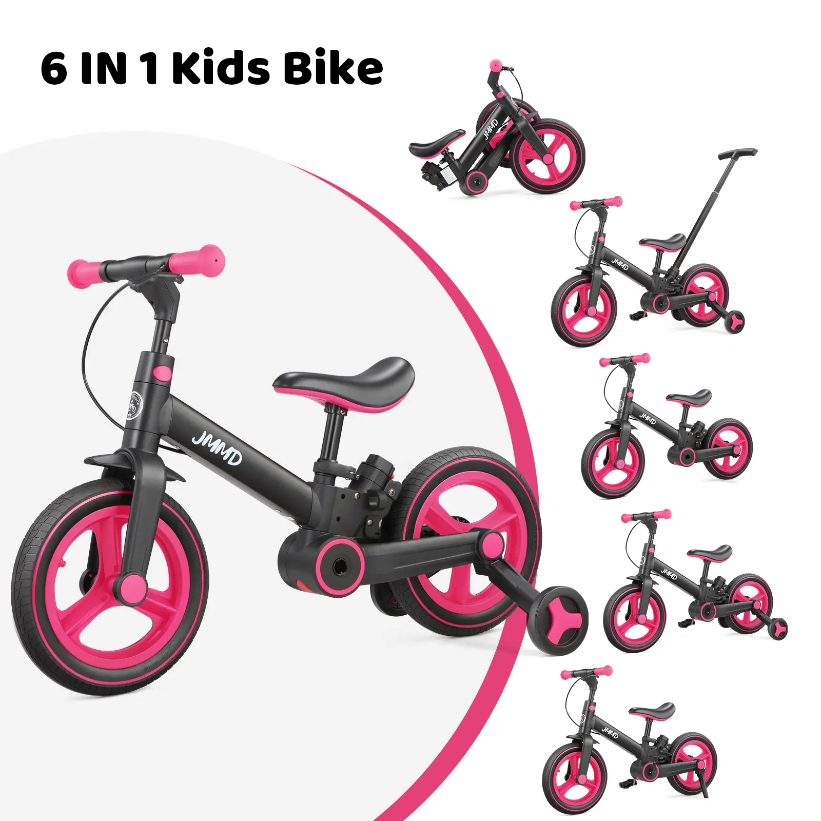 JMMD 6-in-1 Convertible Childrens Bicycle, Multifunction Balance Bike for Toddlers 18-60 Months with Adjustable Seat, Push Handle, Pedals & Training Wheels, Durable, Toddler Gifts