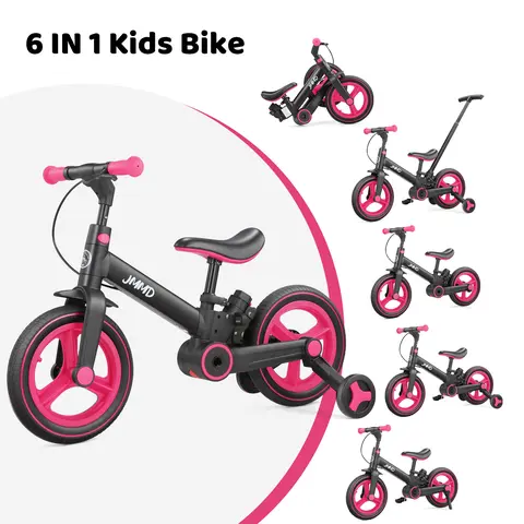 JMMD 6-in-1 Multifunction Convertible Children's Bicycle - Durable Toddler Kids Toy for 18-60 Months Boys & Girls, Adjustable Seat, Push Handle, Pedals, Training Wheels, Brakes, Kickstand, Steel Frame, All-Terrain Rubber Wheels, Outdoor Riding Gift,family