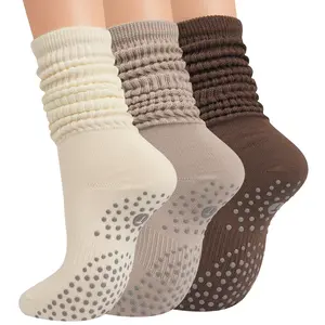 Grip Pilates Socks for Women, Yoga Slouch Socks with Grip for Barre Workout Hospital Long Scrunch Slipper Socks 2Pairs