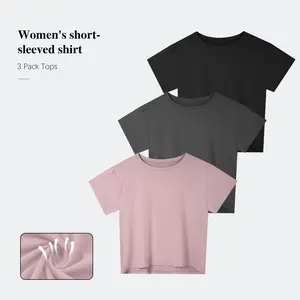 3 Packs Women's Crop Top Short Sleeve Athletic Workout Yoga Running Gym Casual Tees T-Shirts Loose Fit
