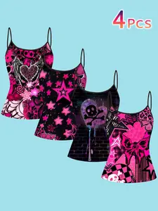 4-Piece Set Sweet Punk Crop Top, Streetwear Skull Star Straps, Summer Y2K Neon Sleeveless T-Shirt for Women
