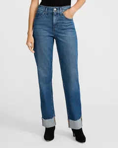 Express High Waisted Dark Wash Cuffed Hem Straight Jeans