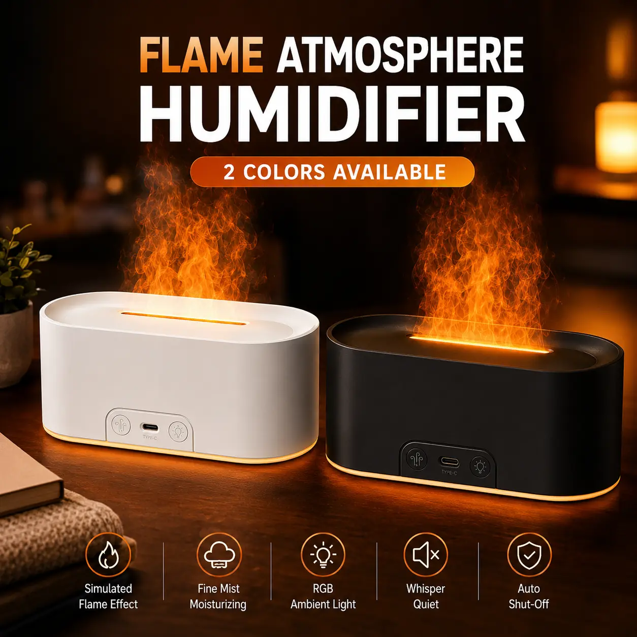 Flame Mist Plug-In Indoor Desktop Humidifier with RGB LED Light, USB-C Power – Moisturizes Bedroom, Office Spaces