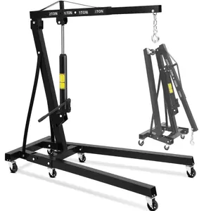Garvee 2-Ton Folding Engine Hoist with Hydraulic Shop Crane Lift, 6 Casters & Telescopic Boom, 4400 LB Foldable Mobile Cherry Picker for Garage, Workshop, Factory, Heavy-Duty, Black