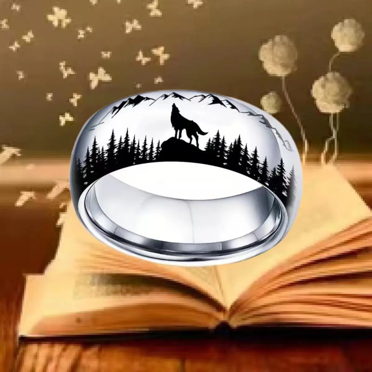 Unisex Stainless Steel 3.5mm Forest Wolf Animal Motif Statement Multi Ring - Christmas Fashion Accessory, Promise Ring for GF, Suitable for Daily & Party Wear, Unisex Wolf Ring
