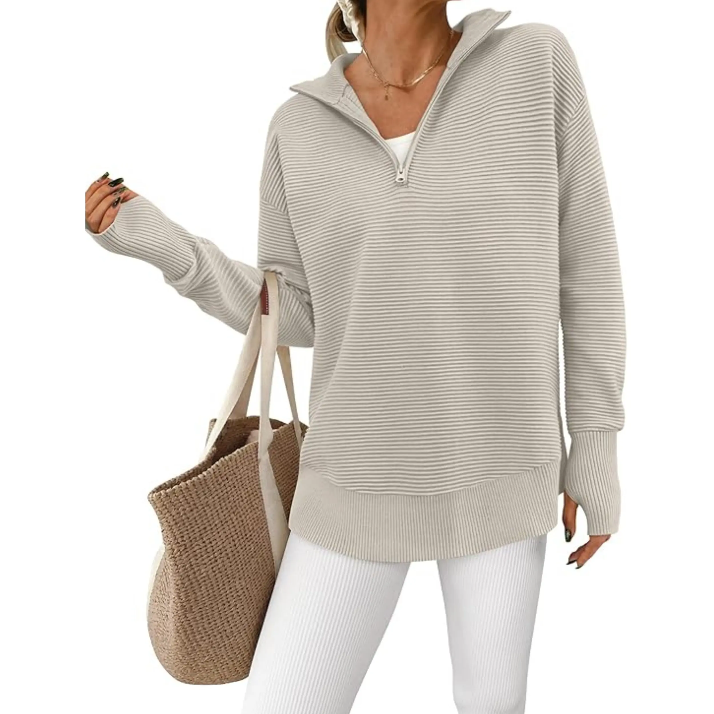 Ekouaer Women's Quarter-Zip Pullover Sweatshirt, Casual Relaxed Fit, Lightweight Long Sleeve Knit Top with Collar for Outdoors, Leggings, Skinny, Style